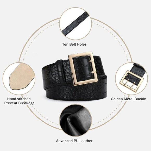 Women Leather Wide Fashion Thick Dress Belt With Gold Buckle Belt Black Gold